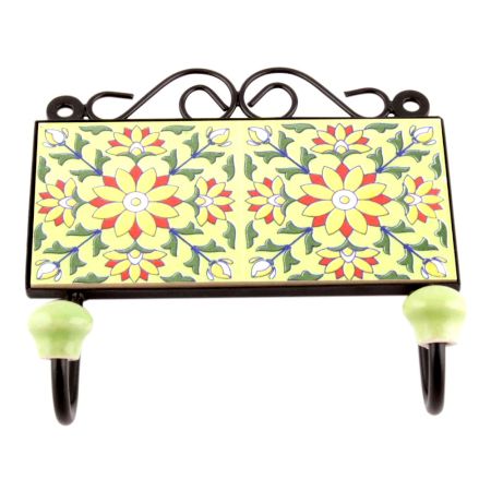 Yellow And Forest Green Leaf Ceramic Floral Tiles Hooks